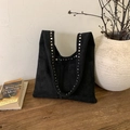 Borsa tote in camoscio nero retrò con borchie in metallo argento e stile punk rock - Nero
