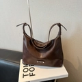 Minimalist dark brown leather hobo bag with adjustable wide shoulder strap and logo - Brown No Pendant
