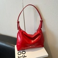 Glossy bright red leather hobo bag with adjustable strap and silver metal buckle - Red (No Pendant)