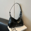 Minimalist black hobo shoulder bag with silver zipper and polished metal logo plate - Black without Pendant