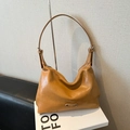 Chic caramel brown faux leather shoulder bag with a sleek metal brand plaque - Khaki (No Pendant)