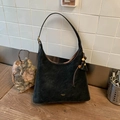 Retro black matte leather shoulder bag with vintage beads and gold logo detail - Black