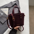 Mini burgundy faux suede tote bag with golden hardware and adjustable strap detail - Wine Red Without Pendant