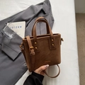 Brown faux suede bucket bag with top handles and adjustable strap for women - Brown No Pendant