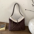 Vintage brown suede underarm bag with white faux shearling trim and monogram pattern - Brown