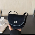Minimalist black saddle bag in matte finish with silver metal clasp for women - Black
