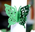 Dettaglio macro del portatovagliolo a farfalla tagliato al laser in verde metallico - Verde scuro specchio