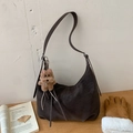 Retro dark brown slouchy hobo bag in grainy leather with a cute plush dog pendant - Coffee with Pendant