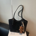 Large black matte leather tote bag with white stitching and plush bear charm decoration - Black with Pendant