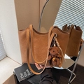 Brown vintage faux leather tote bag with plush bear charm and long shoulder straps - Brown with Pendant