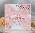 Pink laser-cut butterfly invitation with satin ribbon and floral inner card for weddings - Pink