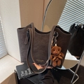 Vintage large dark brown tote bag with plush bear charm and white contrast stitching - Coffee with Pendant