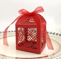 Laser cut red wedding candy box with intricate heart hollow pattern and ribbon bow - Red