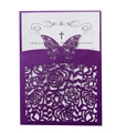 Detail of laser-cut purple butterfly and rose wedding invitation with biblical verse - Dark Purple