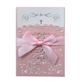 Detail of pink laser-cut rose invitation with a satin bow and elegant inner card - Pink
