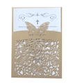 Golden laser-cut wedding invitation featuring butterfly and floral hollow patterns - Beige Gold