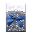 Detail of laser-cut rose floral invitation with grey glitter cover and blue silk ribbon - Dark Blue