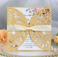 Detailed laser cut butterfly wedding card with cream ribbon and purple floral insert - Gold