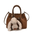 Braune Falten-Handtasche aus Leder mit Plüschhasen-Anhänger und Schultergurt - Nur Einzelbeutel / Braun