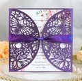 Elegant purple laser-cut butterfly wedding invitation card with ribbon and floral insert - Dark Purple