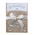 Detail of laser-cut rose hollow invitation with elegant cream satin ribbon and bow - Beige Gold