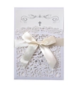 Elegant laser-cut floral wedding invitation with white satin bow and cross detail - White