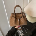 Chic brown mini bucket bag with leather texture and silver buckle for women - Brown No Pendant