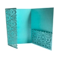 Detail of laser-cut tiffany blue tri-fold invitation card with elegant hollowed pattern - Tiffany Blue