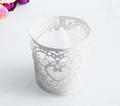 Top view of white laser-cut hollow paper lampshade with heart patterns and LED tea light - Silver