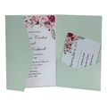Detail view of sage green laser cut invitation pocket with floral RSVP card set - Pearl Pale Blue
