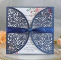 Navy blue laser-cut rose wedding invitation set with a ribbon and floral inner card - Magic Blue