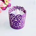 Purple laser-cut paper tea light holder with intricate scroll patterns and white LED candle - Dark Purple
