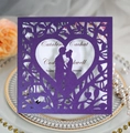 Laser cut heart silhouette wedding invitation with couple kiss detail on pearlescent paper - Dark Purple