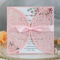 Pink laser-cut rose wedding invitation with ribbon and floral inner card set - Pink