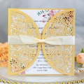 Laser cut wedding invitation set with golden rose floral cover and cream satin ribbon - Gold
