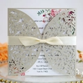 Champagne gold laser-cut wedding invitation with cream satin bow and floral inner card - Silver