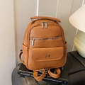 Brown lychee leather mini backpack for women with silver zippers and multi-pocket design - Brown