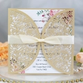 Laser cut champagne gold wedding invitation card with ribbon bow and floral insert - Beige Gold