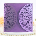 Elegant purple laser-cut square invitation cover with intricate floral vine patterns - Dark Purple