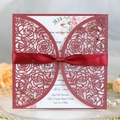 Elegant burgundy laser cut wedding invitation with rose patterns and silk bow decor - Dark Red