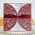 Laser cut burgundy wedding invitation with red silk ribbon and floral hollow pattern - Dark Red