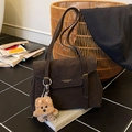 Vintage dark brown suede tote bag with adjustable gold buckle and plush dog charm - Coffee with Pendant