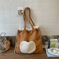 Brown suede tote bag with white fleece heart pattern and drawstring closure - Heart Pattern / Beige Brown