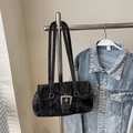 Vintage black denim baguette bag with silver buckles and dual thin shoulder straps - Black