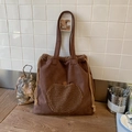 Dark brown faux suede tote bag with drawstring and fluffy lamb wool apple patch design - Apple Pattern / Brown