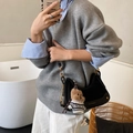 Vintage black half-moon shoulder bag with gold chain strap and cute bear charm - With Pendant / Black