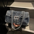 Vintage blue washed denim Boston shoulder bag with a silver square buckle closure - Light Blue