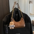 Brown vintage shoulder bag with suede patchwork, gold chain and teddy bear charm - With Pendant / Brown