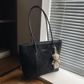 Large black matte tote bag with fashion lettering and cute teddy bear charm - Black