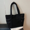 Large black corduroy tote bag with dual shoulder straps and side zipper pockets - Black